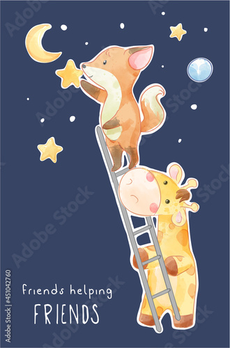 friends helping friends slogan with cartoon animal friends and star