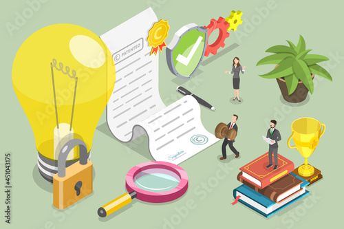 3D Isometric Flat Vector Conceptual Illustration of Copyright and Intellectual Property Protection, Patent Law Certificate photo