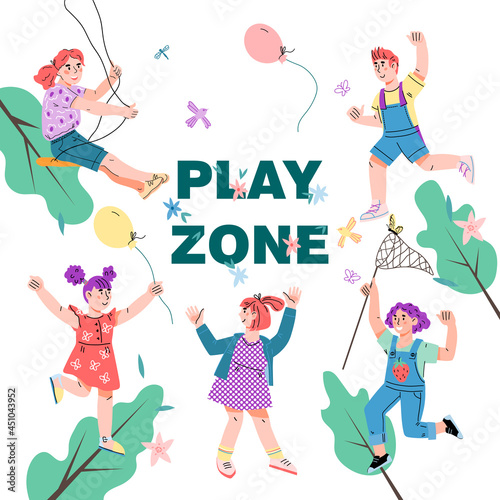 Kids play area banner or poster template with cute children characters, cartoon flat vector. Playground or entertainment zone, kids playroom banner.