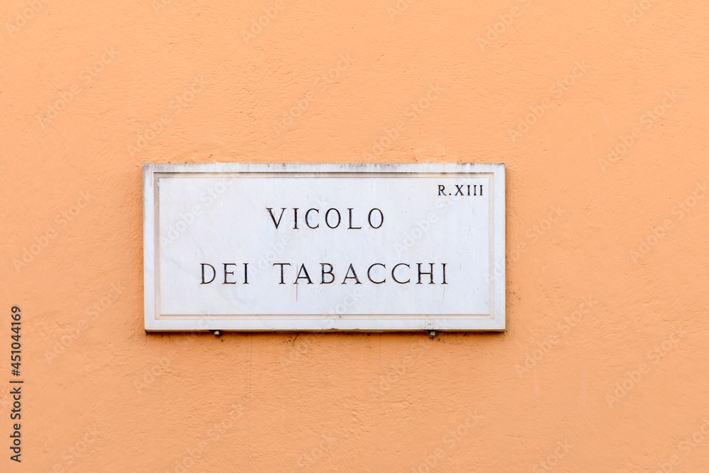 Street name vicolo dei tabacci - engl: small tobacco road - at the wall in Rome Street name vicolo dei tabacci - engl: small tobacco road - at the wall in Rome