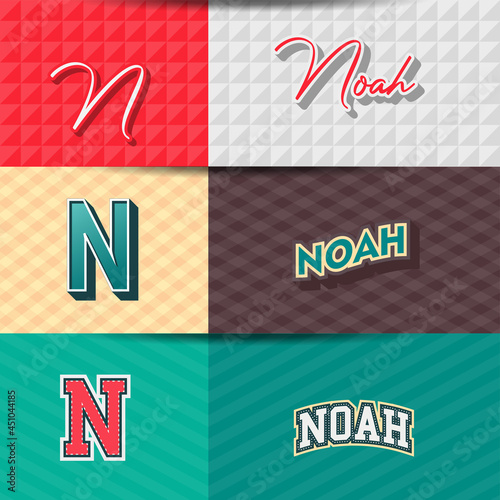 ,Male name,Noah in various Retro graphic design elements, set of vector Retro Typography graphic design illustration