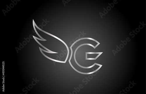 black grey G alphabet letter icon logo with line design. Creative wing concept for company and business template