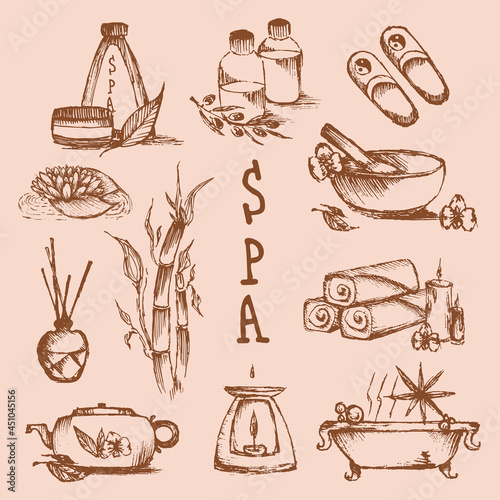 Illustrations set for spa salon. Candles, oils, depilation. Beauty therapy and spa relaxation for wellness vector. Hand drawn set of spa attributes. Template for design of Spa