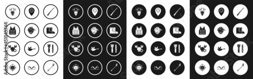 Set Hunting gun, Flying duck on shield, jacket, Deer head with antlers, Hunter boots, place, Flashlight and knife and moose crosshairs icon. Vector