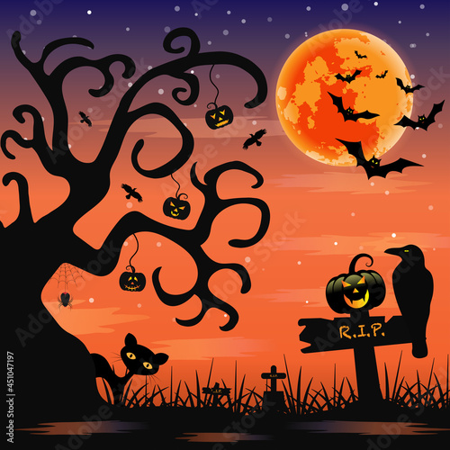 Vector for silhouette Halloween night with demon tree and pumpkin hanging from a tree with cute cartoon of bat, crow, black cat, spider, pumpkin beside cemetery and tombstone on full moon background.