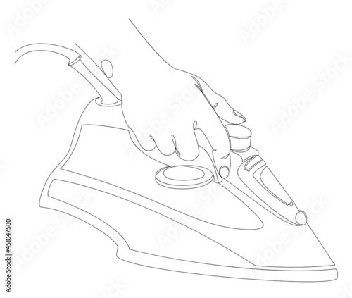 Silhouette of a hand with an iron, a man stroking in a modern one line style. Continuous line drawing, aesthetic outline for home decor, posters, wall art, stickers, logo. Vector illustration.