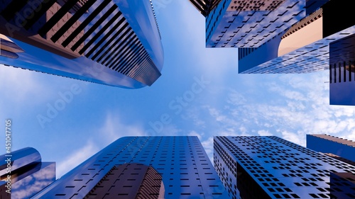 3d render of abstract bright city with skyscrapers. Simple forms of buildings in daylight. Forward camera movement.top of the abstract 3D city of white. 