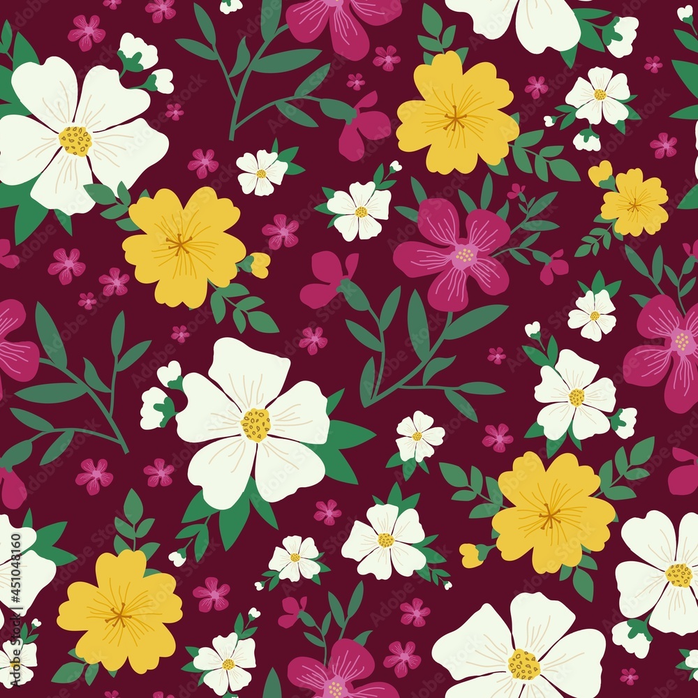 Seamless vintage pattern. wonderful white, yellow and pink flowers on a maroon background. vector texture. trend print for textiles and wallpaper.