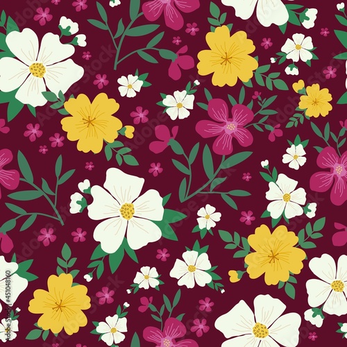 Seamless vintage pattern. wonderful white  yellow and pink flowers on a maroon background. vector texture. trend print for textiles and wallpaper.