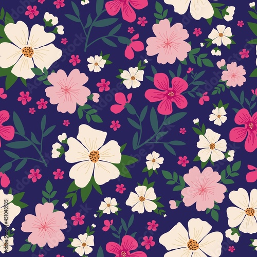 Seamless vintage pattern. Beautiful pink and white flowers on a blue background. vector texture . Spring bouquet. trend print for textiles .