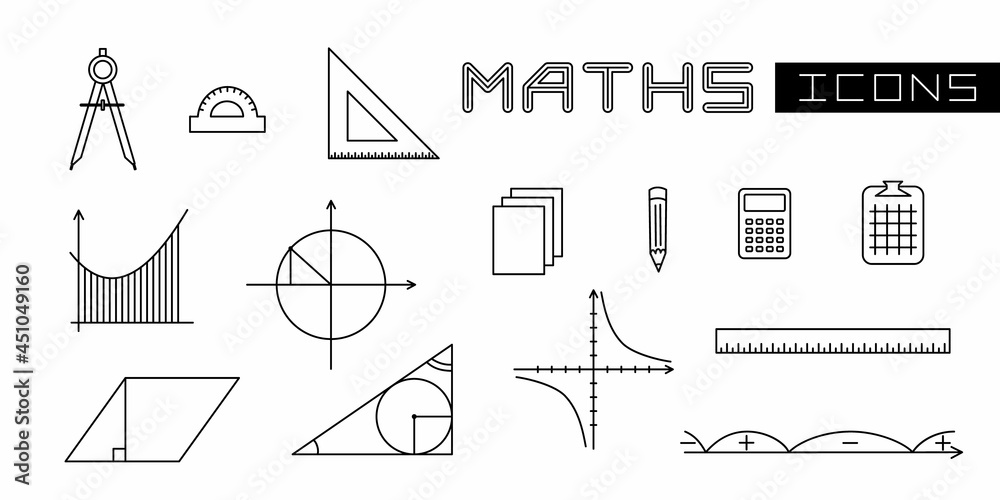 A set of linear isolated elements for maths. Geometric and mathematical objects. Vector illustration for school textbooks, educational projects, maths banners and posters. - obrazy, fototapety, plakaty 
