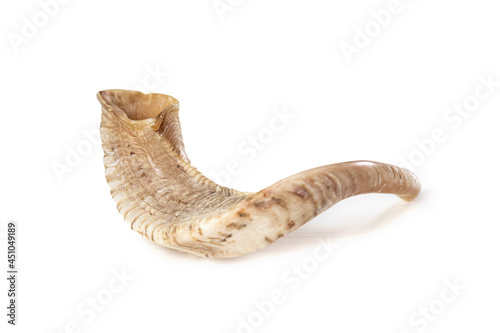 Shofar (horn) on white background. Rosh Hashanah Jewish holiday) concept photo