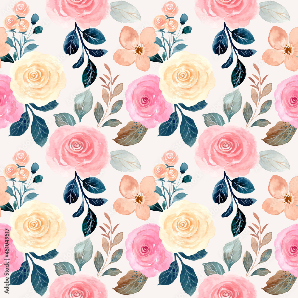 Beautiful Rose Flower Watercolor Seamless Pattern
