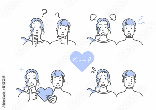 男性同士のカップルのシンプルでお洒落な線画イラストセット