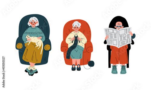 Senior Grey-haired Man and Woman in Armchair Knitting and Reading Newspaper Vector Set