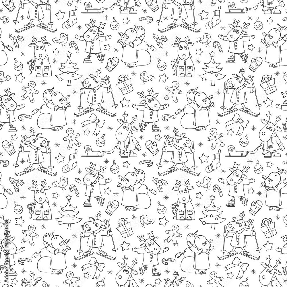 Seamless pattern for the new year and Christmas, funny dark contour cartoon moose for winter entertainment, outline animals on a white background Seamless pattern for the new year and Christmas, funny dark contour cartoon moose for winter entertainment, outline animals on a white background