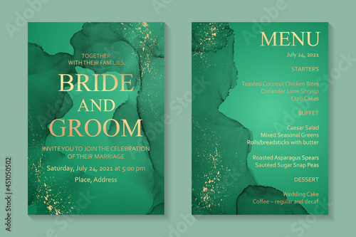 Modern watercolor background or elegant card design for birthday invite or wedding or menu with abstract green ink waves and golden splashes.