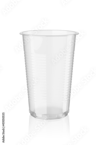 Clear empty transparent disposable cup isolated on white. 3d rendering.