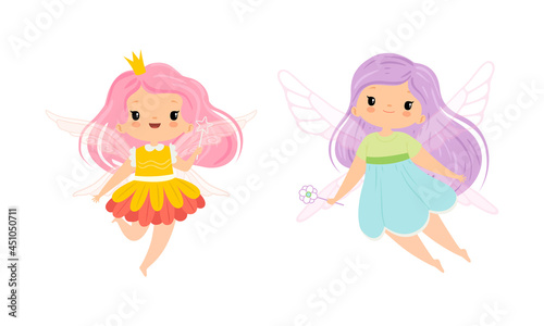 Cute Little Pixie Girl with Ethereal Wings Flying with Magic Wand Vector Set