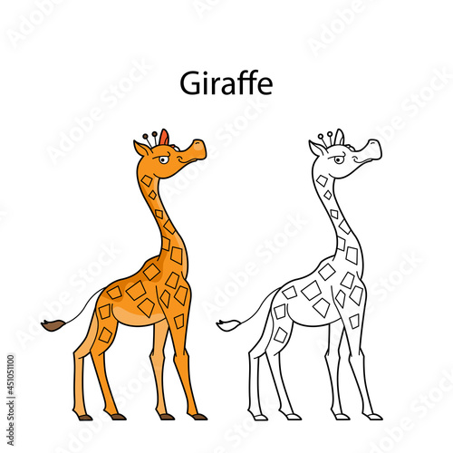Funny cute animal giraffe isolated on white background. Linear, contour, black and white and colored version. Illustration can be used for coloring book and pictures for children