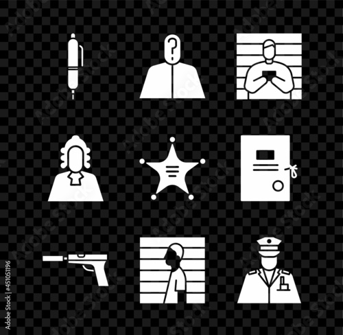 Set Pen, Anonymous with question mark, Suspect criminal, Pistol or gun silencer, Police officer, Judge and Hexagram sheriff icon. Vector