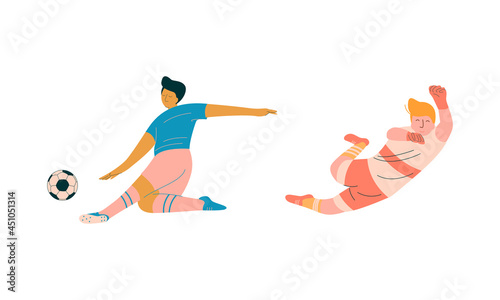 Young Man Playing Football or Soccer Moving the Ball Running Around Pitch Scoring Goals Vector Set