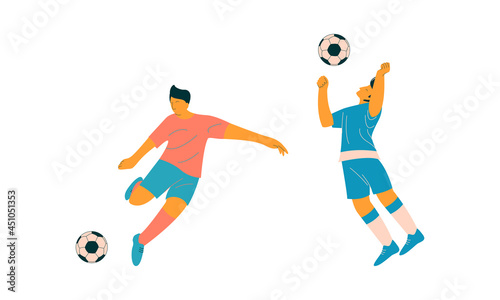 Young Man Playing Football or Soccer Moving the Ball Running Around Pitch Scoring Goals Vector Set
