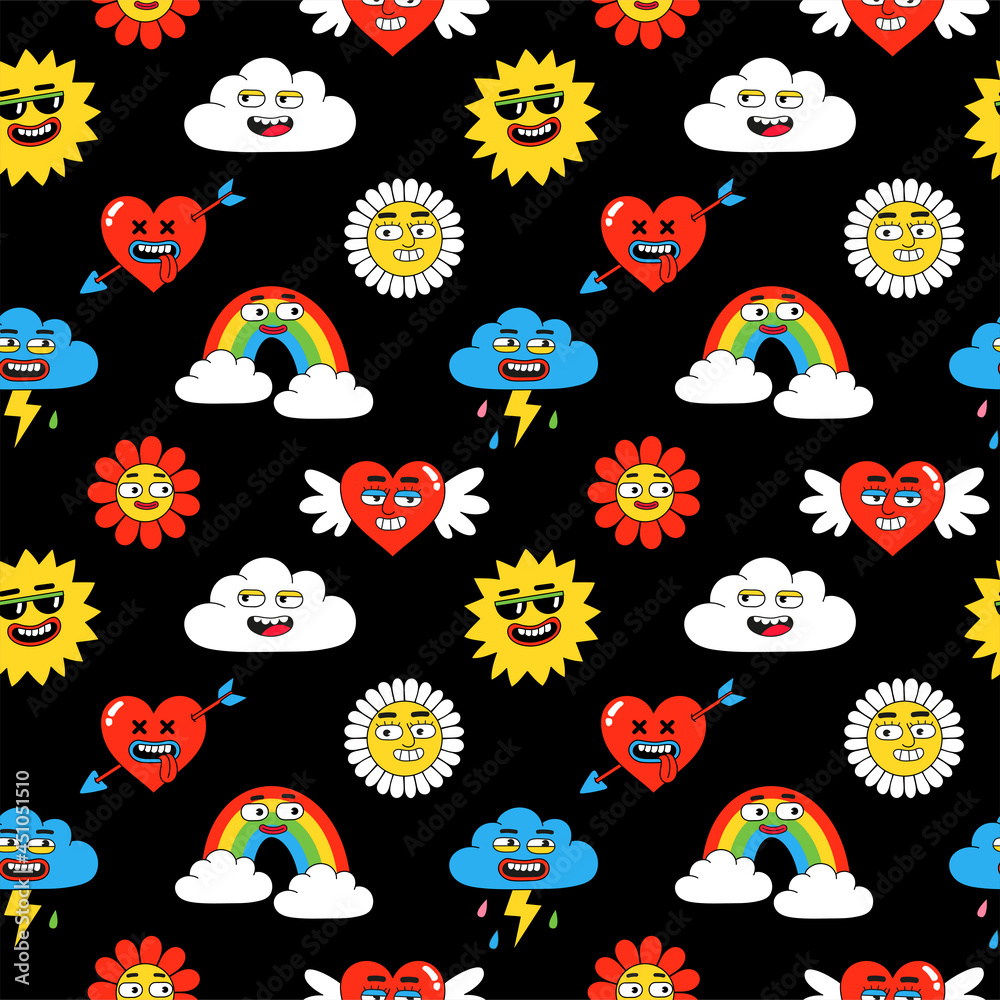 Cartoon funny seamless pattern. Vector illustration of comic heart, sun ...