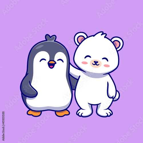 Cute Polar Bear With Penguin Cartoon Vector Icon Illustration Animal Nature Icon Concept Isolated Premium Vector Flat Cartoon Style