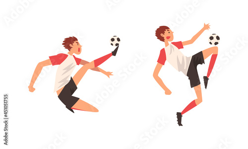 Young Man in Boots and Knee-highs Playing Football or Soccer Moving the Ball Around Pitch Scoring Goals Vector Set
