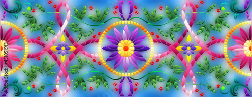 Illustration in stained glass style with abstract flowers, leaves and curls on a blue background, rectangular horizontal image