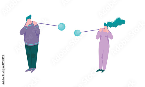 Man and Woman Glassblower with Blowpipe or Tube Glassblowing Inflating Molten Glass into Bubble Vector Set