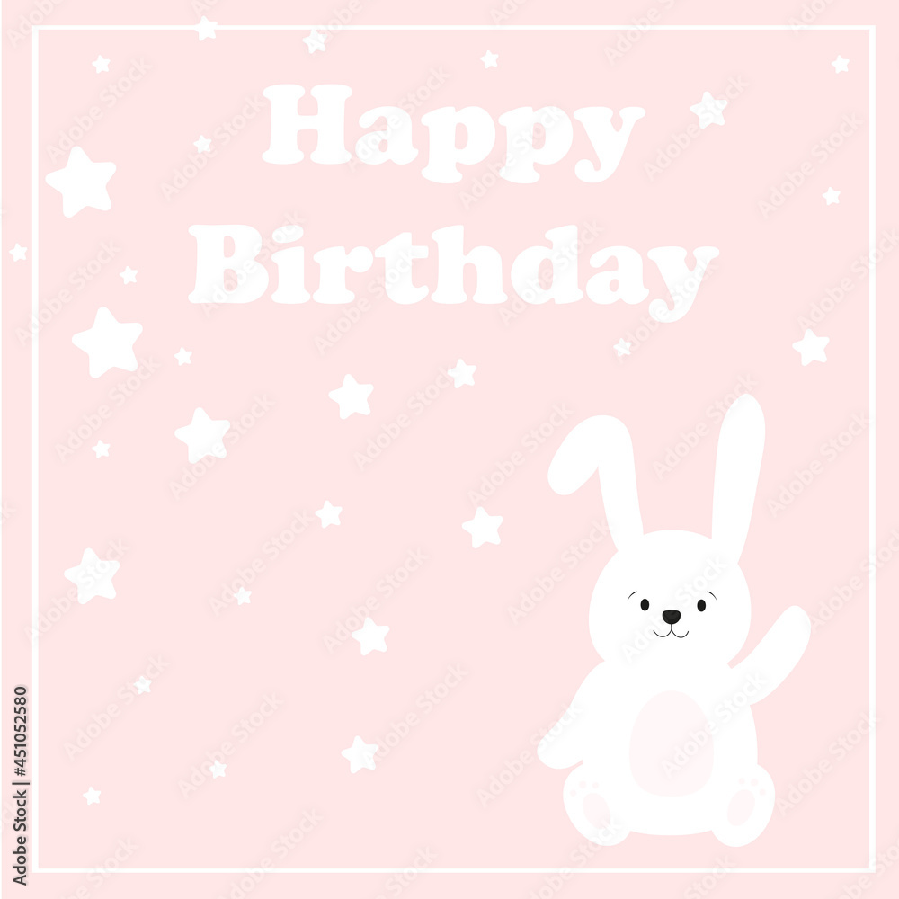 Happy Birthday cards  in pink color. Celebration vector templates with cute hare and rabbit. Kids design. Vector illustration.  Birthday party. 