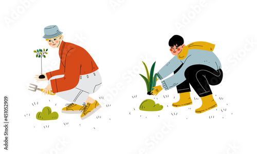 Man in Bucket Hat Working in Garden with Rake Cultivating Plant Vector Set