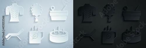 Set Cup of tea and leaf, Sauna bucket ladle, Sunbed umbrella, Swimming pool with ladder, broom and Massage icon. Vector