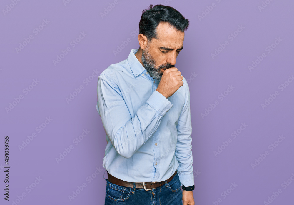 Middle aged man with beard wearing business shirt feeling unwell and coughing as symptom for cold or bronchitis. health care concept. Middle aged man with beard wearing business shirt feeling unwell and coughing as symptom for cold or bronchitis. health care concept.