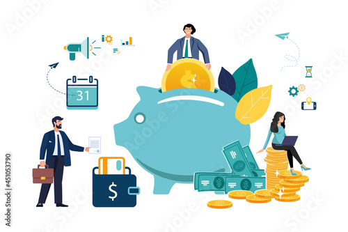 Savings. Businessman saves money, finances. Business woman at the computer, office worker character executing business plan ideas.Successful business concept.Flat vector graphic design people isolated