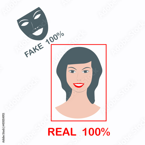 Real female face in a frame and mask - vector. Deepfake. Falsification. Artificial intelligence.
