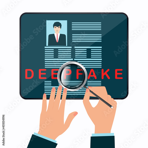 Deepfake. Magnifier in hand. Article on the site. Control over false information. Falsification. Artificial intelligence. Vector illustration.