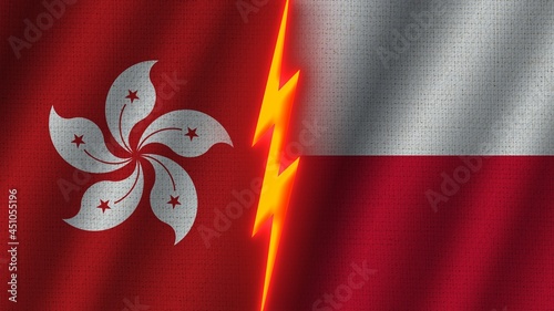 Poland and Hong Kong Flags Together, Wavy Fabric Texture Effect, Neon Glow Effect, Shining Thunder Icon, Crisis Concept, 3D Illustration