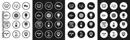 Set Bicycle shoes, wheel, pedal, punctured tire, Award cup with bicycle, frame, parking and rental mobile app icon. Vector