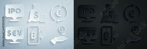 Set Mining bitcoin from mobile, Coin money with euro symbol, Currency exchange, Dollar plant, Money bag and IPO icon. Vector