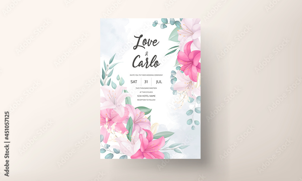 Romantic Wedding Invitation Card With Beautiful Lily Floral Leaves