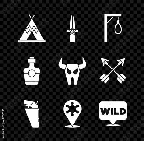 Set Indian teepee or wigwam, Dagger, Gallows, Revolver gun in holster, Hexagram sheriff, Pointer to wild west, Tequila bottle and Buffalo skull icon. Vector