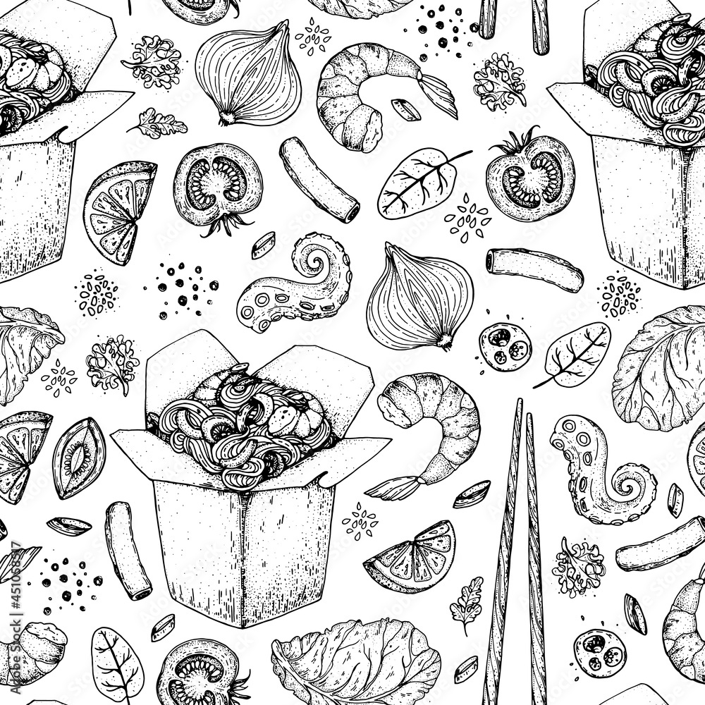 Hand drawn vector illustration - Wok box seamless pattern, ingredients for wok . Sketch background. Noodles in a carton box. Asian food.