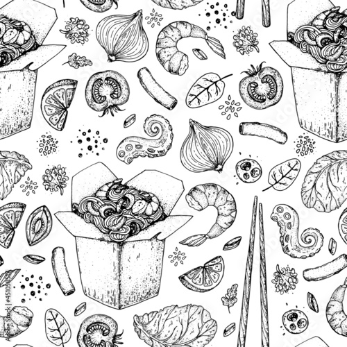 Hand drawn vector illustration - Wok box seamless pattern, ingredients for wok . Sketch background. Noodles in a carton box. Asian food.