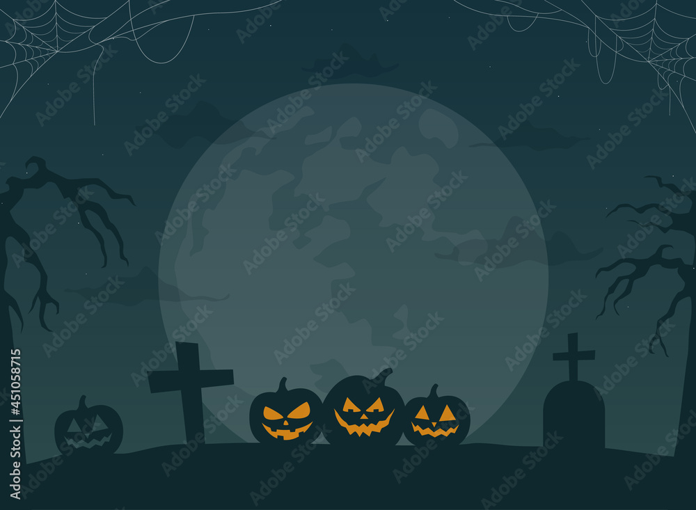 Halloween night background. Scary landscape with moon and pumpkins. Vector illustration.