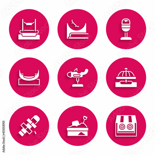 Set Swing plane, Sandbox with sand, Shooting gallery, Attraction carousel, Hopscotch, Boat swing, Trash can and Bungee icon. Vector