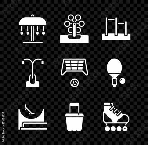 Set Attraction carousel, Ferris wheel, Horizontal bar, Skate park, Sand in bucket, Roller skate, Street light and Soccer goal with ball icon. Vector