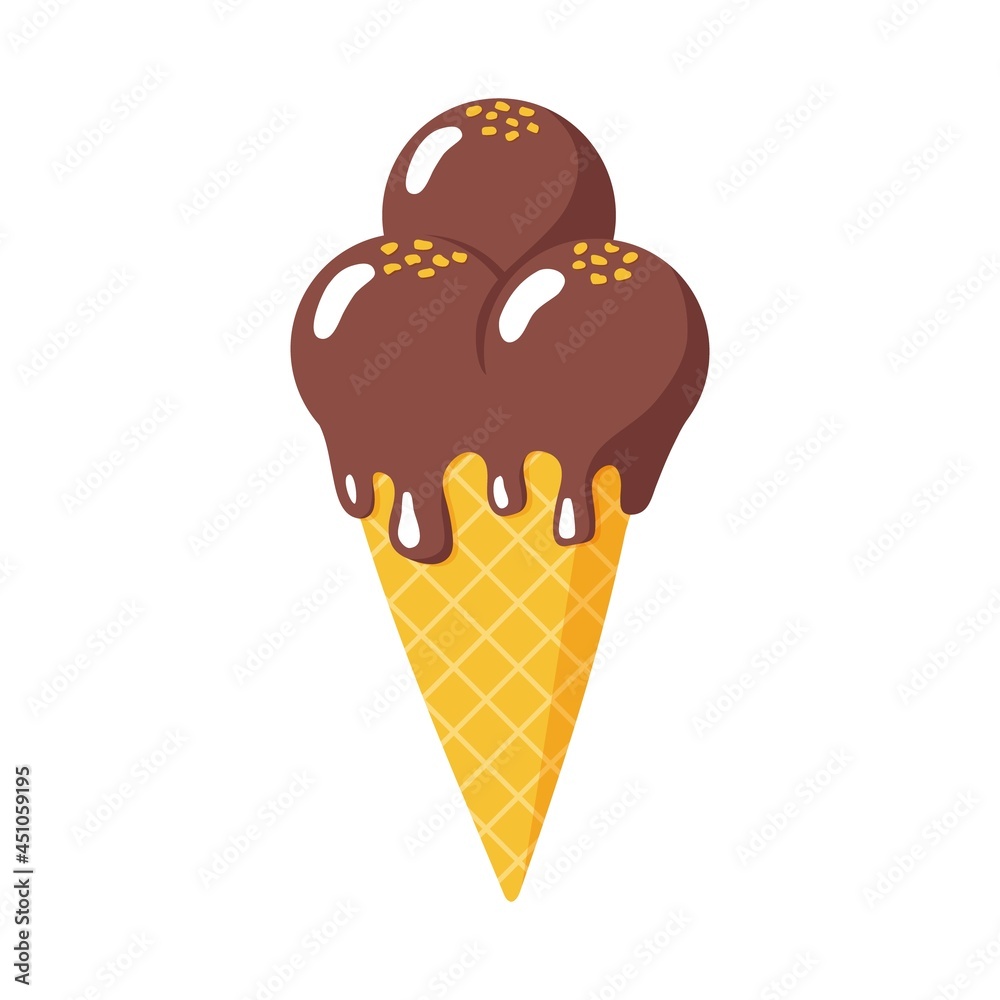 Chocolate ice cream in waffle cone with nut chips on top. Flat style Isolated vector illustration Chocolate ice cream in waffle cone with nut chips on top. Flat style Isolated vector illustration